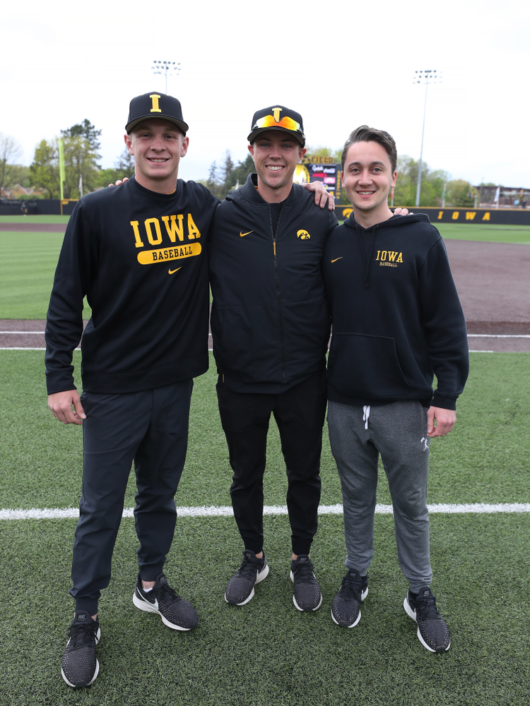 Student managers Ryan Gorman, Jake Stone, and Sam Bornstein before their game against Michigan State Sunday, May 12, 2019 at Duane Banks Field. (Brian Ray/hawkeyesports.com)