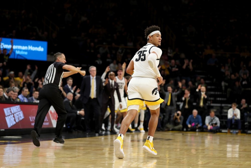 Iowa Hawkeyes forward Cordell Pemsl (35) celebrates his first career three point basket against the Maryland Terrapins Friday, January 10, 2020 at Carver-Hawkeye Arena. (Brian Ray/hawkeyesports.com)