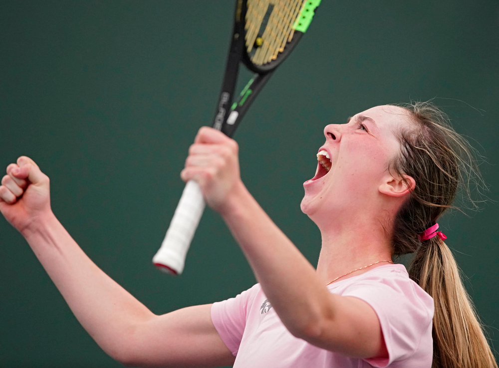 Iowa's Samantha Mannix celebrates during a match against Purdue at the Hawkeye Tennis and Recreation Complex in Iowa City on Friday, Mar. 29, 2019. (Stephen Mally/hawkeyesports.com)