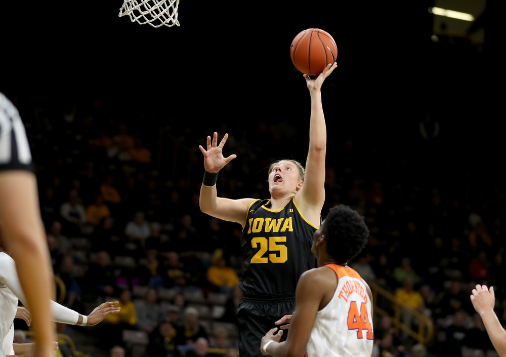 Iowa Hawkeyes forward/center Monika Czinano (25) against Clemson Wednesday, December 4, 2019 at Carver-Hawkeye Arena. (Brian Ray/hawkeyesports.com)