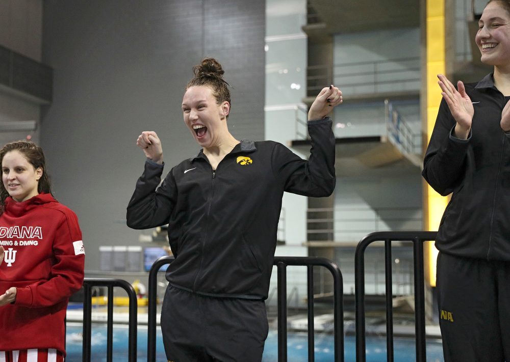 Iowa’s Allyssa Fluit on the awards stand after swimming the women’s 200 yard freestyle final event during the 2020 Women’s Big Ten Swimming and Diving Championships at the Campus Recreation and Wellness Center in Iowa City on Friday, February 21, 2020. (Stephen Mally/hawkeyesports.com)