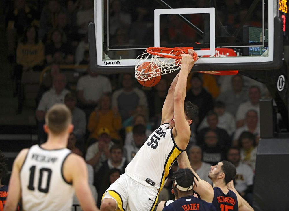 Iowa Hawkeyes center Luka Garza (55) dunks the ball during the second half of the game at Carver-Hawkeye Arena in Iowa City on Sunday, February 2, 2020. (Stephen Mally/hawkeyesports.com)