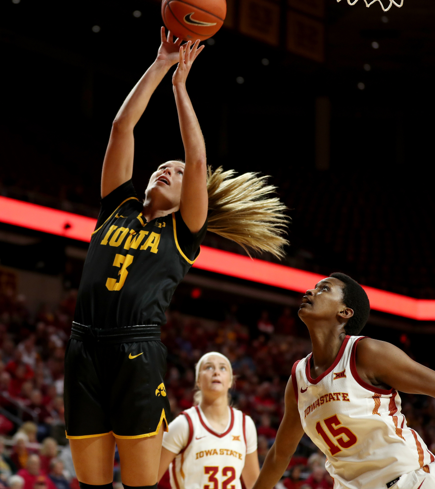 Iowa Hawkeyes guard Makenzie Meyer (3) against the Iowa State Cyclones Wednesday, December 11, 2019 at Hilton Coliseum in Ames, Iowa(Brian Ray/hawkeyesports.com)