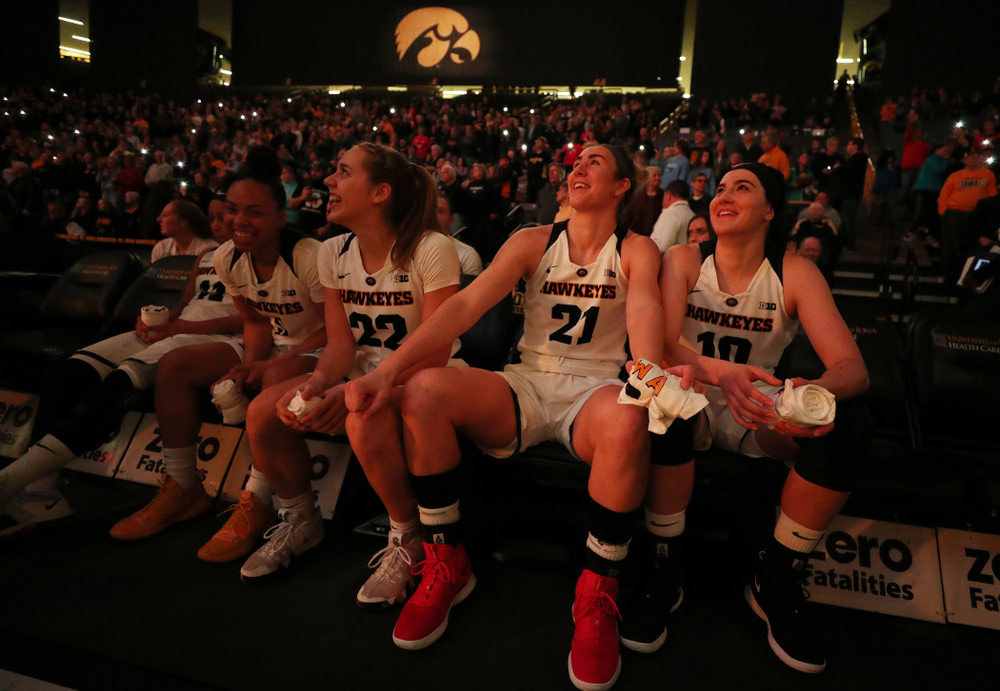 Iowa Hawkeyes forward Hannah Stewart (21) and forward Megan Gustafson (10) against the Illinois Fighting Illini Thursday, February 14, 2019 at Carver-Hawkeye Arena. (Brian Ray/hawkeyesports.com)