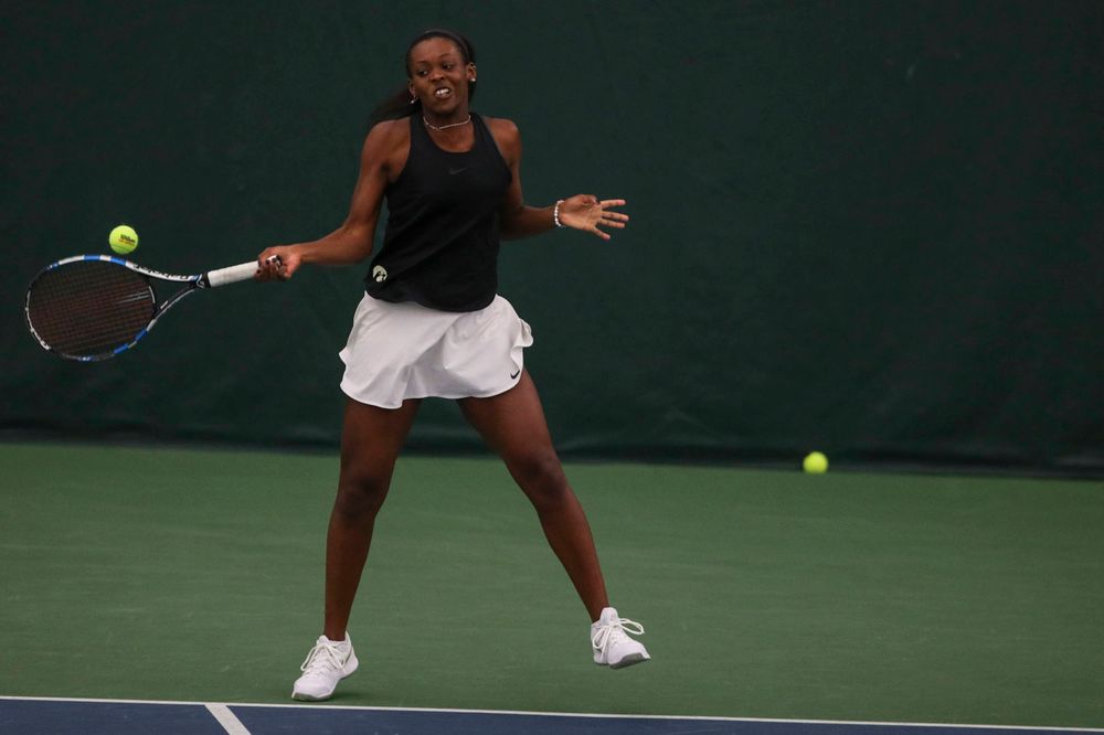 IowaÕs Adorabol Huckleby at womenÕs tennis senior day vs Nebraska on Saturday, April 13, 2019 at the Hawkeye Tennis and Recreation Complex. (Lily Smith/hawkeyesports.com)