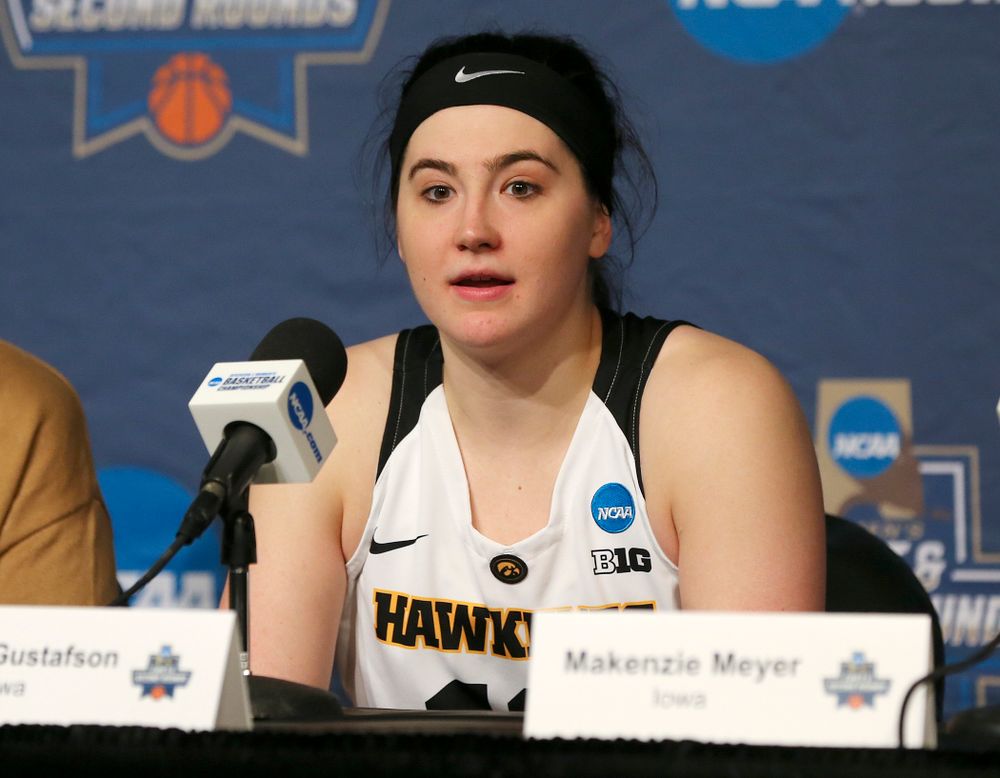 Iowa Hawkeyes forward Megan Gustafson (10) talks during their press availability after winning their game in the first round of the 2019 NCAA Women's Basketball Tournament at Carver Hawkeye Arena in Iowa City on Friday, Mar. 22, 2019. (Stephen Mally for hawkeyesports.com)