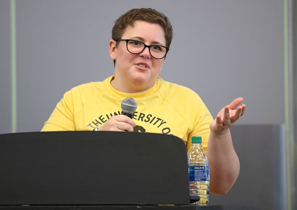 Visitors from the University of Iowa Hospitals and Clinics Adolescent and Young Adult (AYA) Cancer Program speak to the team as they eat at Carver-Hawkeye Arena in Iowa City on Monday, Sep 30, 2019. (Stephen Mally/hawkeyesports.com)