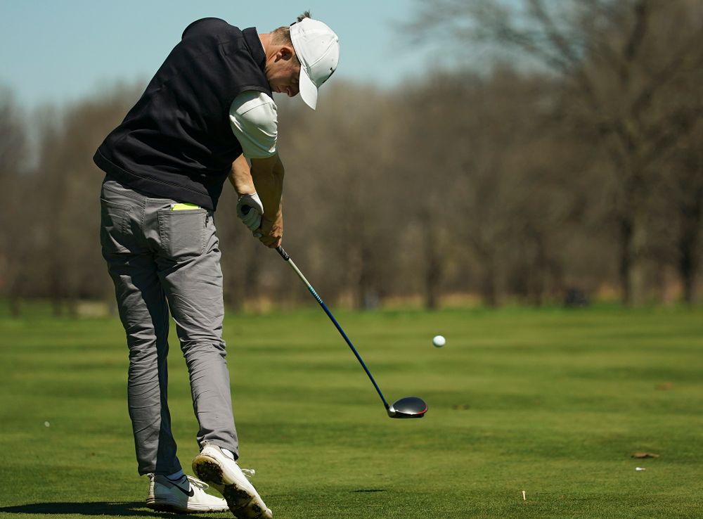 Iowa's Benton Weinberg tees off during the first round of the Hawkeye Invitational at Finkbine Golf Course in Iowa City on Saturday, Apr. 20, 2019. (Stephen Mally/hawkeyesports.com)
