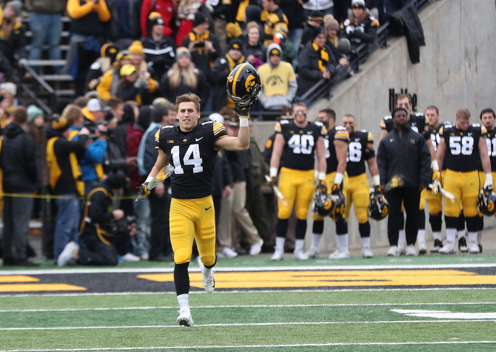 Iowa Hawkeyes wide receiver Kyle Groeneweg (14) during senior day activities before their game against the Nebraska Cornhuskers Friday, November 23, 2018 at Kinnick Stadium. (Brian Ray/hawkeyesports.com)