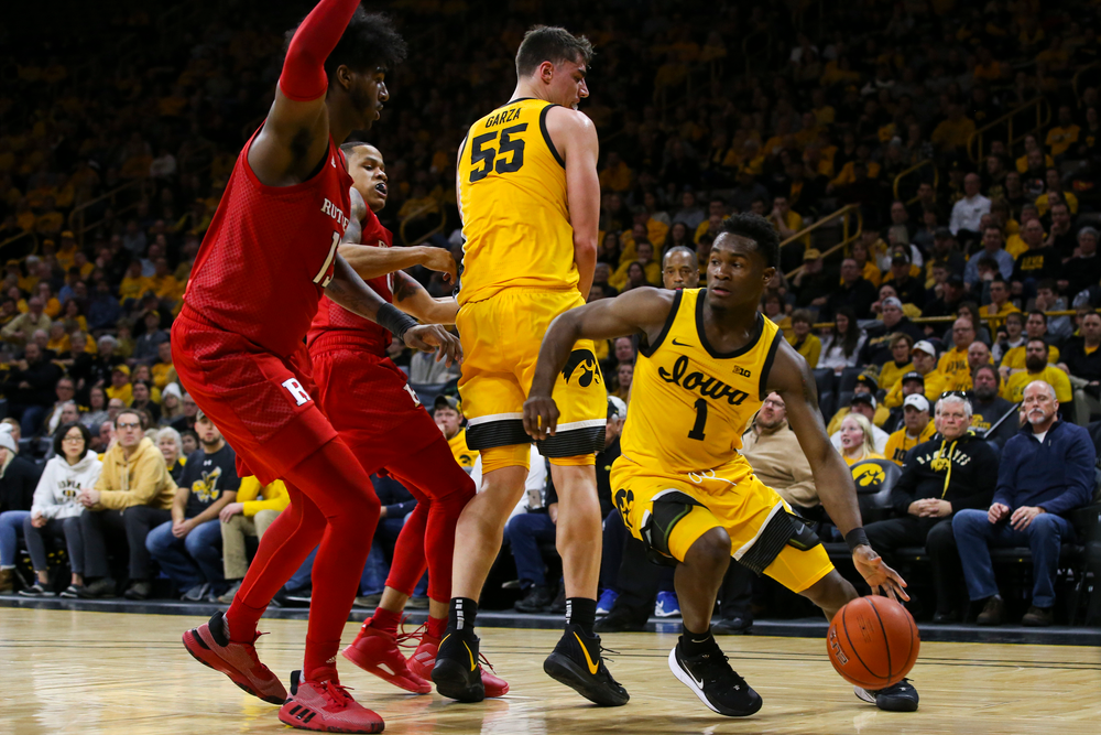 Iowa Hawkeyes guard Joe Toussaint (1) drives to the basket during the Iowa men’s basketball game vs Rutgers on Wednesday, January 22, 2020 at Carver-Hawkeye Arena. (Lily Smith/hawkeyesports.com)