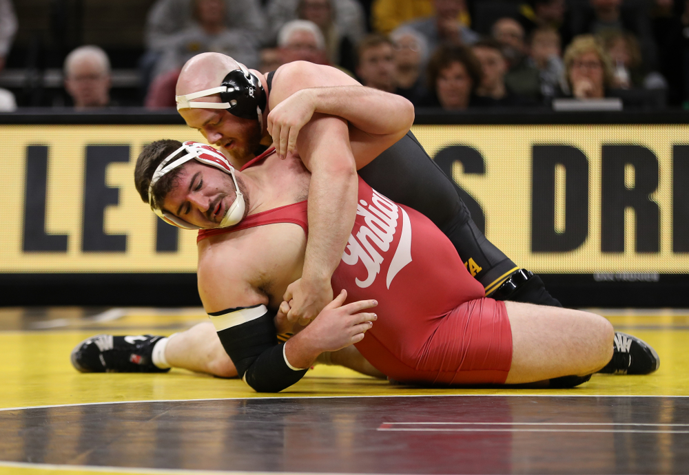 Iowa's Sam Stoll wrestles Indiana's Fletcher Miller at heavyweight Friday, February 15, 2019 at Carver-Hawkeye Arena. (Brian Ray/hawkeyesports.com)