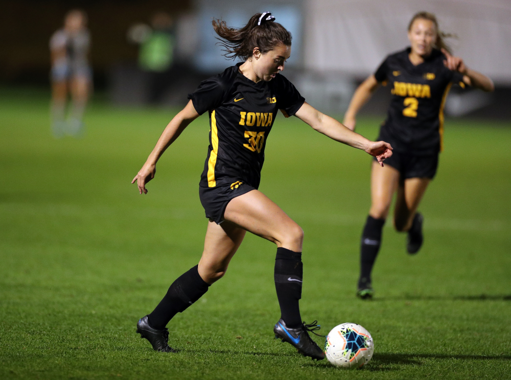 Iowa Hawkeyes forward Devin Burns (30) against the Nebraska Cornhuskers Thursday, October 3, 2019 at the Iowa Soccer Complex. (Brian Ray/hawkeyesports.com)