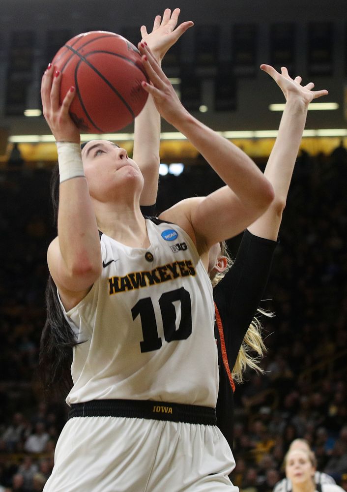 Iowa Hawkeyes forward Megan Gustafson (10) makes a basket during the first round of the 2019 NCAA Women's Basketball Tournament at Carver Hawkeye Arena in Iowa City on Friday, Mar. 22, 2019. (Stephen Mally for hawkeyesports.com)