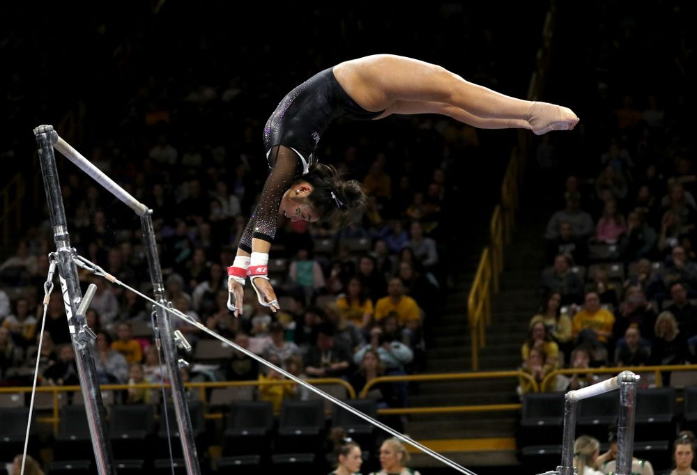 Iowa’s Clair Kaji competes on the bars against Michigan State Saturday, February 1, 2020 at Carver-Hawkeye Arena. (Brian Ray/hawkeyesports.com)