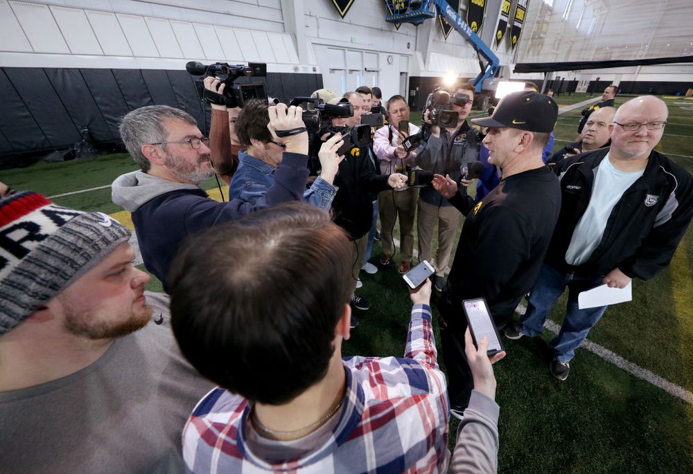 Iowa Hawkeyes head coach Rick Heller answers questions from reporters during their annual media day Thursday, February 6, 2020 at the Indoor Practice Facility. (Brian Ray/hawkeyesports.com)