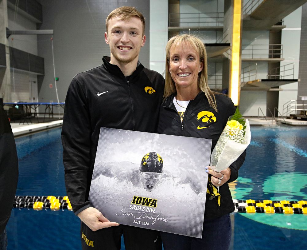 Iowa’s Sam Dumford is honored on senior day before their meet at the Campus Recreation and Wellness Center in Iowa City on Friday, February 7, 2020. (Stephen Mally/hawkeyesports.com)