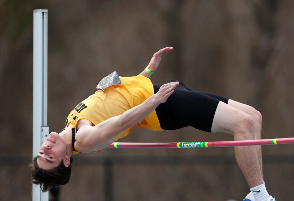 Iowa's Jay Hunt competes in the high jump during the 2018 MUSCO Twilight Invitational Thursday, April 12, 2018 at the Cretzmeyer Track. (Br