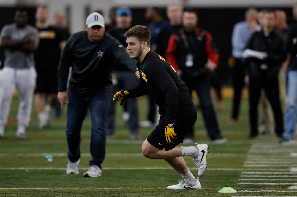 Iowa Hawkeyes linebacker Ben Niemann (44) during the team's annual pro day Monday, March 26, 2018 at the Hansen Football Performance Center. (Brian Ray/hawkeyesports.com)