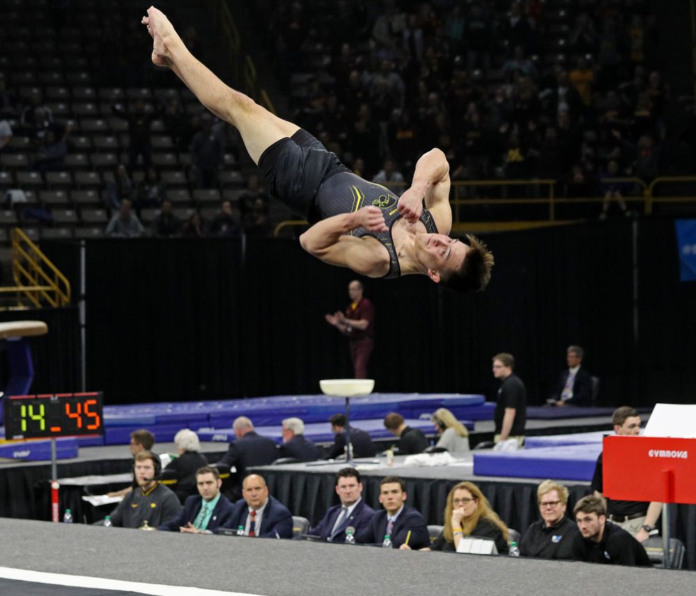 Iowa's Kulani Taylor competes in the floor during the first day of the Big Ten Men's Gymnastics Championships at Carver-Hawkeye Arena in Iowa City on Friday, Apr. 5, 2019. (Stephen Mally/hawkeyesports.com)