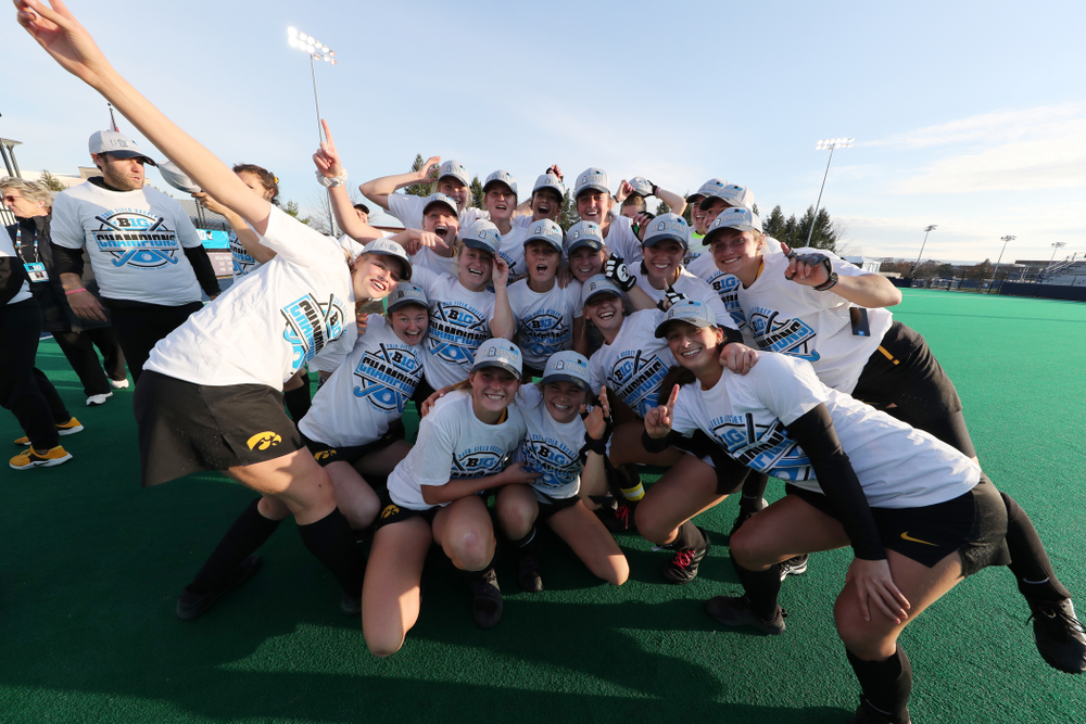The Iowa Hawkeyes celebrate their victory over Penn State in the 2019 Big Ten Field Hockey Tournament Championship Game Sunday, November 10, 2019 in State College. (Brian Ray/hawkeyesports.com)