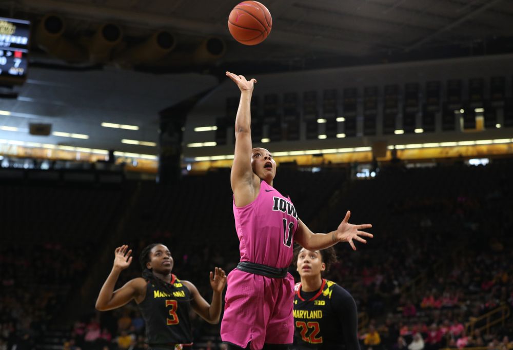 Iowa Hawkeyes guard Tania Davis (11) against the seventh ranked Maryland Terrapins Sunday, February 17, 2019 at Carver-Hawkeye Arena. (Brian Ray/hawkeyesports.com)