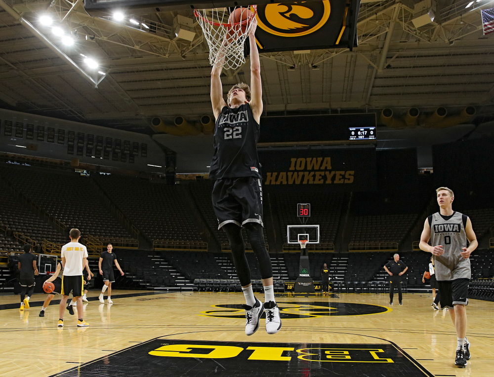 Iowa Hawkeyes forward Patrick McCaffery (22) dunks the ball during practice at Carver-Hawkeye Arena in Iowa City on Wednesday, Oct 9, 2019. (Stephen Mally/hawkeyesports.com)