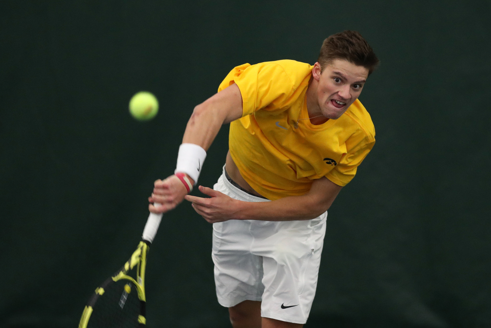 Joe Tyler against Utah Sunday, February 10, 2019 at the Hawkeye Tennis and Recreation Complex. (Brian Ray/hawkeyesports.com)