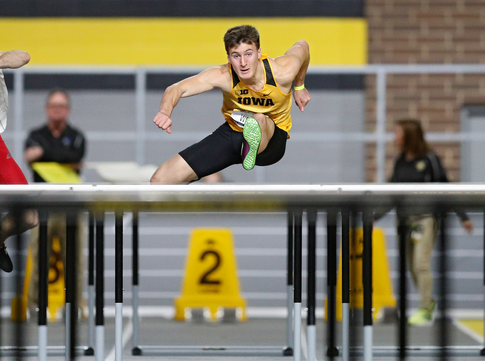 Iowa’s Austin West competes in the men’s 60 meter hurdles prelims event during the Jimmy Grant Invitational at the Recreation Building in Iowa City on Saturday, December 14, 2019. (Stephen Mally/hawkeyesports.com)