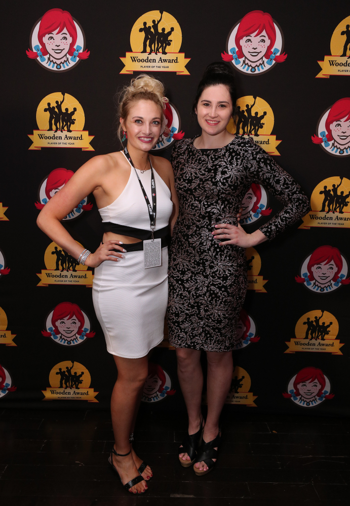Iowa Hawkeyes forward Megan Gustafson (10) and her sister Emily before the ESPN College Basketball Awards show Friday, April 12, 2019 at The Novo at LA Live. (Brian Ray/hawkeyesports.com)