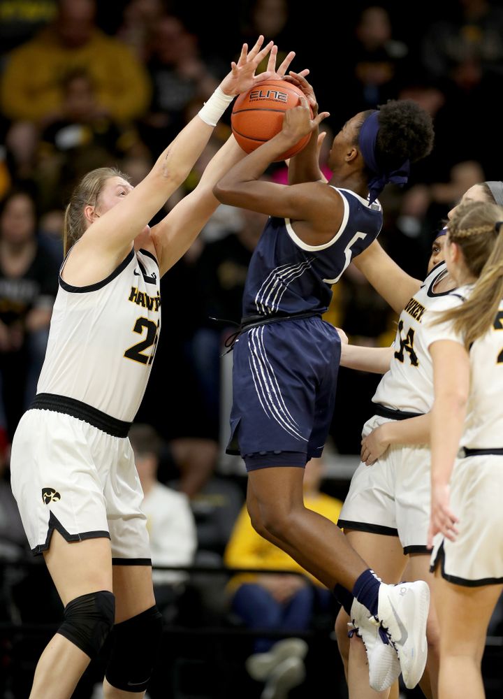 Iowa Hawkeyes forward/center Monika Czinano (25) blocks a shot against Penn State Saturday, February 22, 2020 at Carver-Hawkeye Arena. (Brian Ray/hawkeyesports.com)