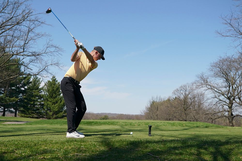 Iowa's Benton Weinberg tees off during the third round of the Hawkeye Invitational at Finkbine Golf Course in Iowa City on Sunday, Apr. 21, 2019. (Stephen Mally/hawkeyesports.com)
