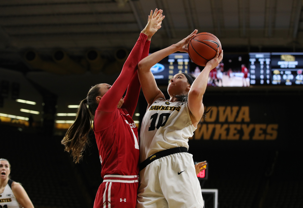 Iowa Hawkeyes forward Megan Gustafson (10) against the Wisconsin Badgers Monday, January 7, 2019 at Carver-Hawkeye Arena. (Brian Ray/hawkeyesports.com)