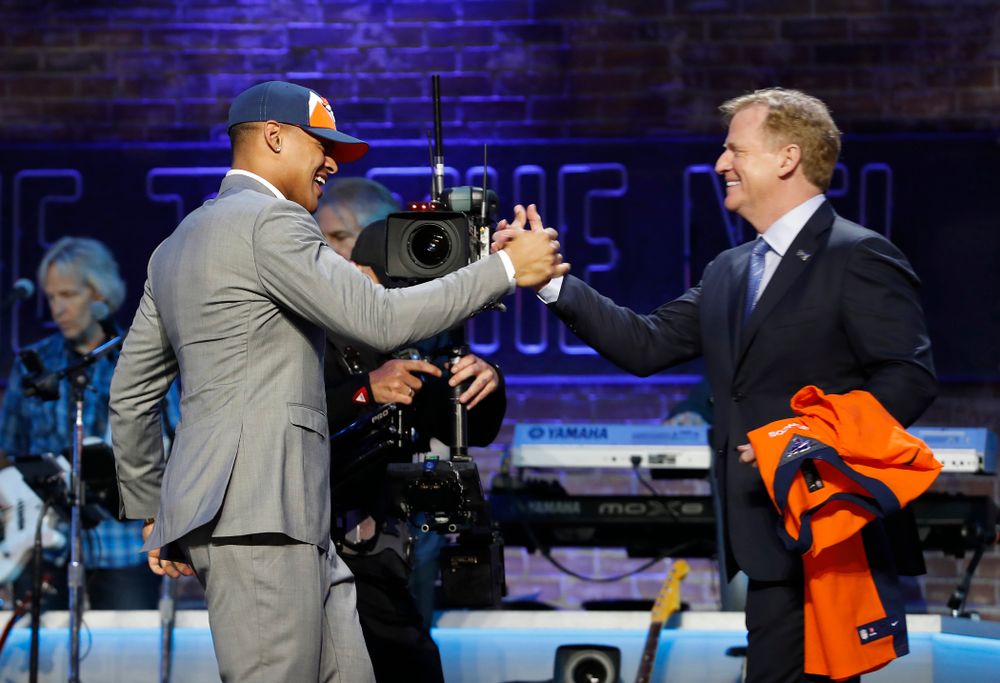 Iowa's Noah Fant is selected by the Denver Broncos with the 20th pick of the 2019 NFL Draft Thursday, April 25, 2019 in Nashville. (Darren Miller/hawkeyesports.com)