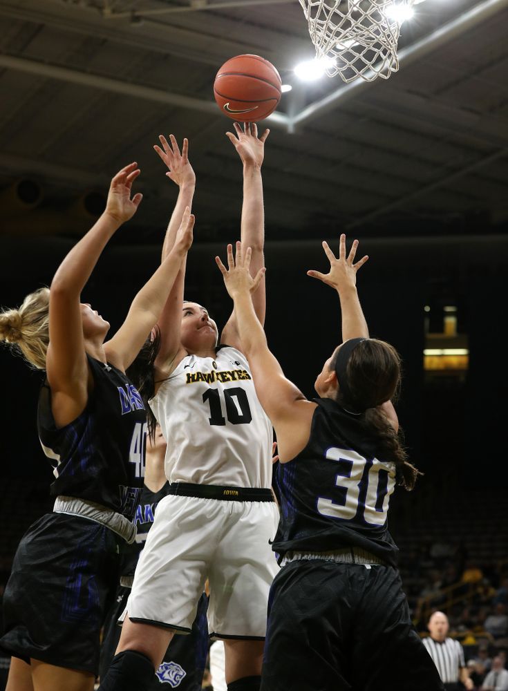 Iowa Hawkeyes forward Megan Gustafson (10) against Dakota Wesleyan University Tuesday, November 6, 2018 at Carver-Hawkeye Arena. (Brian Ray/hawkeyesports.com)