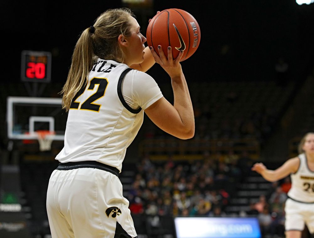 Iowa Hawkeyes guard Kathleen Doyle (22) makes a 3-pointer during the fourth quarter of their game at Carver-Hawkeye Arena in Iowa City on Tuesday, December 31, 2019. (Stephen Mally/hawkeyesports.com)