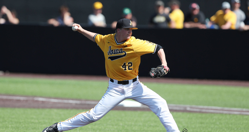 Iowa Hawkeyes Trace Hoffman (42) against the Nebraska Cornhuskers Sunday, April 21, 2019 at Duane Banks Field. (Brian Ray/hawkeyesports.com)
