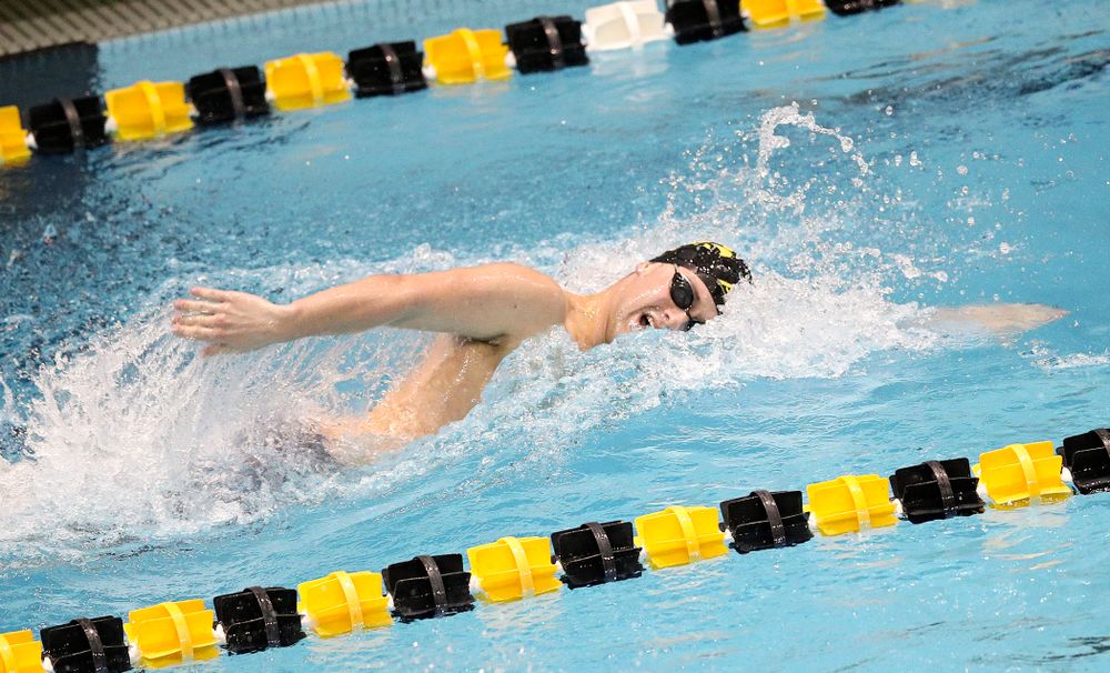 Iowa’s Caleb Babb swims the men’s 200 yard freestyle event during their meet at the Campus Recreation and Wellness Center in Iowa City on Friday, February 7, 2020. (Stephen Mally/hawkeyesports.com)