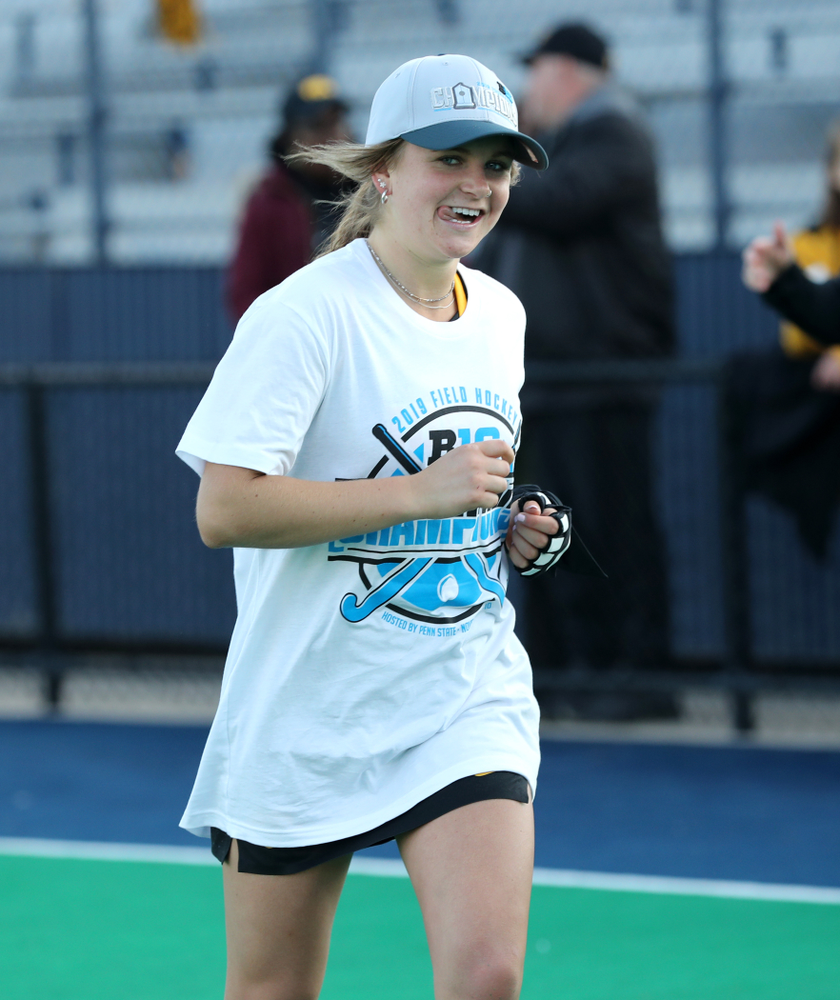 The Iowa Hawkeyes celebrate their victory over Penn State in the 2019 Big Ten Field Hockey Tournament Championship Game Sunday, November 10, 2019 in State College. (Brian Ray/hawkeyesports.com)