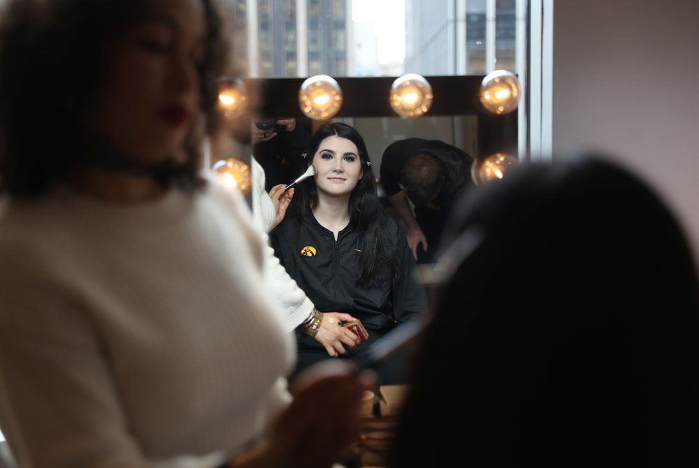 Iowa Hawkeyes forward Megan Gustafson (10) has her makeup professionally done before the 2019 WNBA Draft Wednesday, April 10, 2019 at Nike New York Headquarters in New York City. (Brian Ray/hawkeyesports.com)
