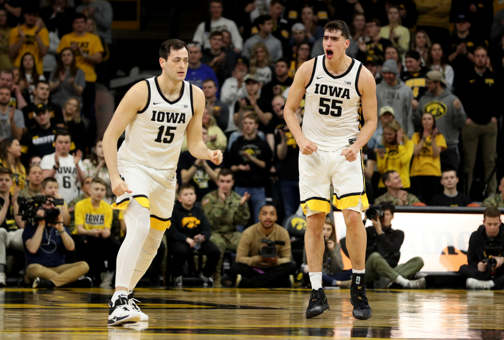 Iowa Hawkeyes forward Luka Garza (55) and forward Ryan Kriener (15) against Penn State Saturday, February 29, 2020 at Carver-Hawkeye Arena. (Brian Ray/hawkeyesports.com)