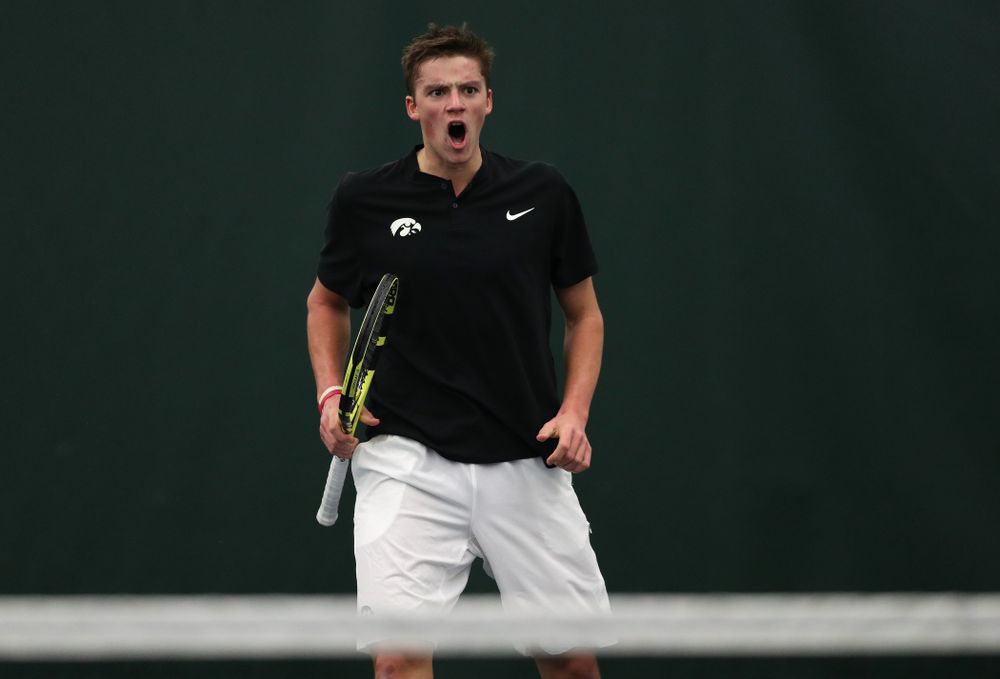 Joe Tyler against Utah Sunday, February 10, 2019 at the Hawkeye Tennis and Recreation Complex. (Brian Ray/hawkeyesports.com)