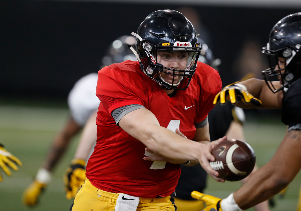 Iowa Hawkeyes quarterback Nathan Stanley (4) during spring practice Saturday, March 31, 2018 at the Hansen Football Performance Center. (Brian Ray/hawkeyesports.com)