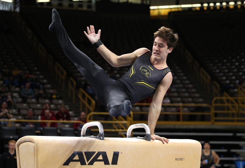 Iowa's Kevin Johnson competes on the Pommel Horse against Oklahoma Saturday, February 9, 2019 at Carver-Hawkeye Arena. (Brian Ray/hawkeyesports.com)