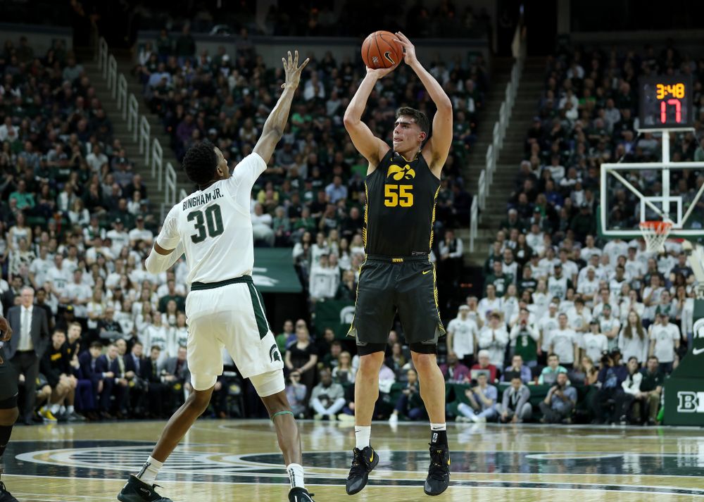 Iowa Hawkeyes forward Luka Garza (55) against Michigan State Tuesday, February 25, 2020 at the Breslin Center in East Lansing, MI. (Brian Ray/hawkeyesports.com)