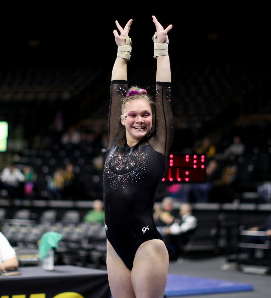 Iowa’s Allyson Steffensmeier competes on the vault against Michigan Friday, February 14, 2020 at Carver-Hawkeye Arena. (Brian Ray/hawkeyesports.com)