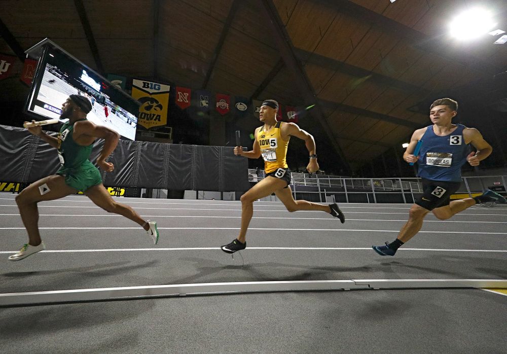 Iowa’s Jamal Britt runs the men’s 1600 meter relay premier event during the Larry Wieczorek Invitational at the Recreation Building in Iowa City on Saturday, January 18, 2020. (Stephen Mally/hawkeyesports.com)