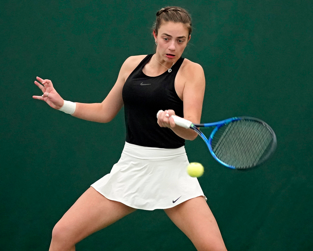 Iowa's Sophie Clark plays a match against Indiana at the Hawkeye Tennis and Recreation Complex in Iowa City on Sunday, Mar. 31, 2019. (Stephen Mally/hawkeyesports.com)