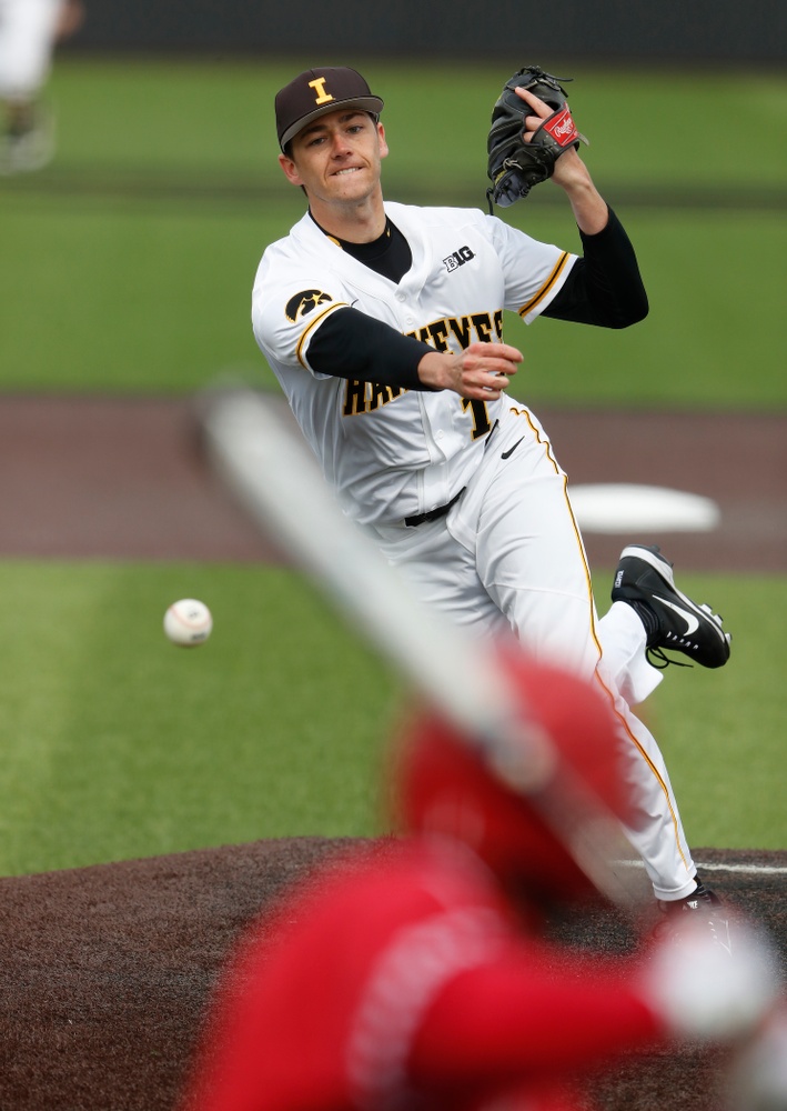 Iowa Hawkeyes pitcher Nick Nelsen (12) during a double header against the Indiana Hoosiers Friday, March 23, 2018 at Duane Banks Field. (Brian Ray/hawkeyesports.com)