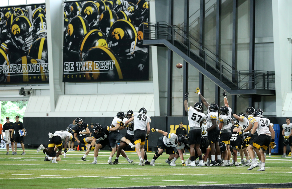 Iowa Hawkeyes place kicker Caleb Shudak (10) during Fall Camp Practice No. 16 Tuesday, August 20, 2019 at the Ronald D. and Margaret L. Kenyon Football Practice Facility. (Brian Ray/hawkeyesports.com)