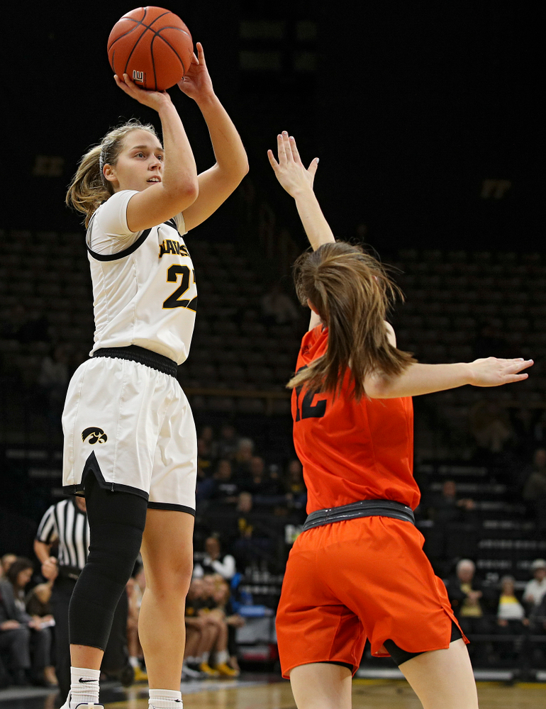 Iowa guard Kathleen Doyle (22) shoots during the second quarter of their overtime win against Princeton at Carver-Hawkeye Arena in Iowa City on Wednesday, Nov 20, 2019. (Stephen Mally/hawkeyesports.com)